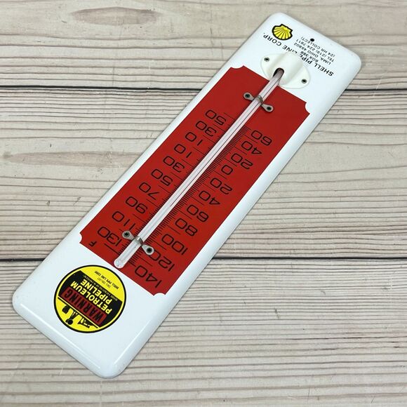 Vintage Shell Pipeline Corp Warning Thermometer 11.5" Metal Advertising Sign USA - Picture 7 of 12